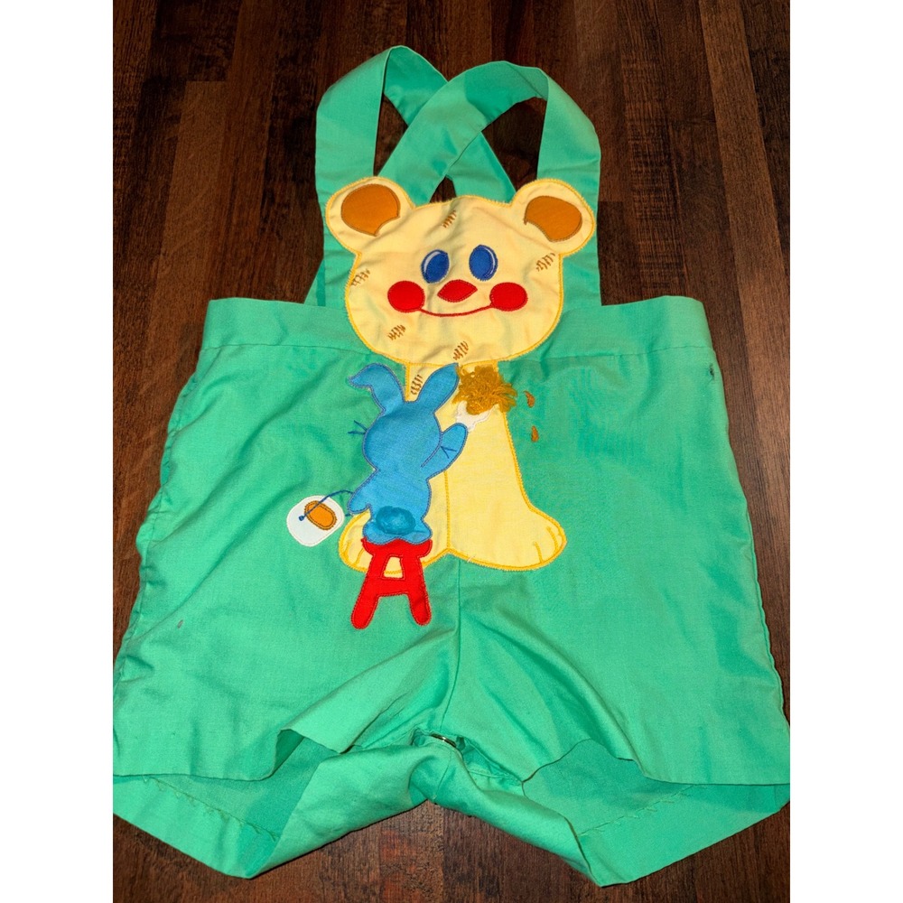 Vintage Nannekins by Nannette Green Bear Bunny Applique Overalls 15-18 Months